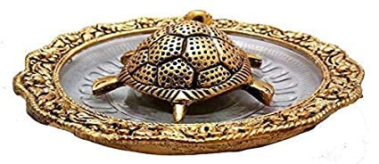 Divine senses Metal Feng Shui Tortoise On Plate Showpiece (Golden, Diameter: 5.5 Inch)