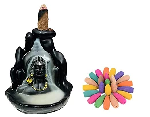 Divine Senses Smoke Fountain Lord Shiva Adiyogi Statue Incense Holder Showpiece with 10 Free Smoke Backflow Cones- 8 X 7 X 10 Cm