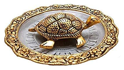 Metal Feng Shui Tortoise On Plate Showpiece (Golden, Diameter: 5.5 Inch)