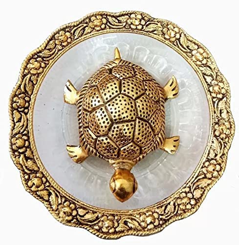 Divine senses Metal Feng Shui Tortoise On Plate Showpiece (Golden, Diameter: 5.5 Inch)