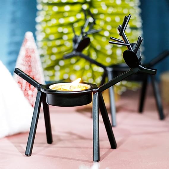 Divine Senses Christmas Reindeer Tealight Holder with Tealights (Pack of 2) - Candle Holders for Diwali, Decor, Christmas, Gift (Iron)