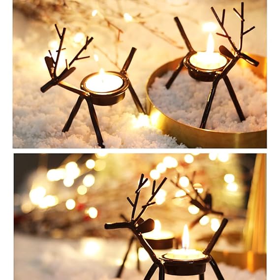 Divine Senses Christmas Reindeer Tealight Holder with Tealights (Pack of 2) - Candle Holders for Diwali, Decor, Christmas, Gift (Iron)