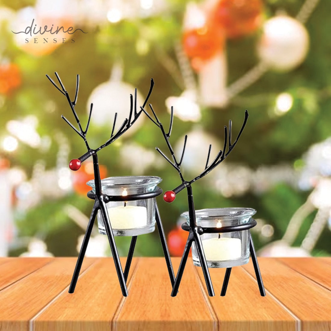 Divine Senses Christmas Reindeer Tealight Holder with Tealights (Pack of 2) - Candle Holders for Diwali, Decor, Christmas, Gift (Iron)