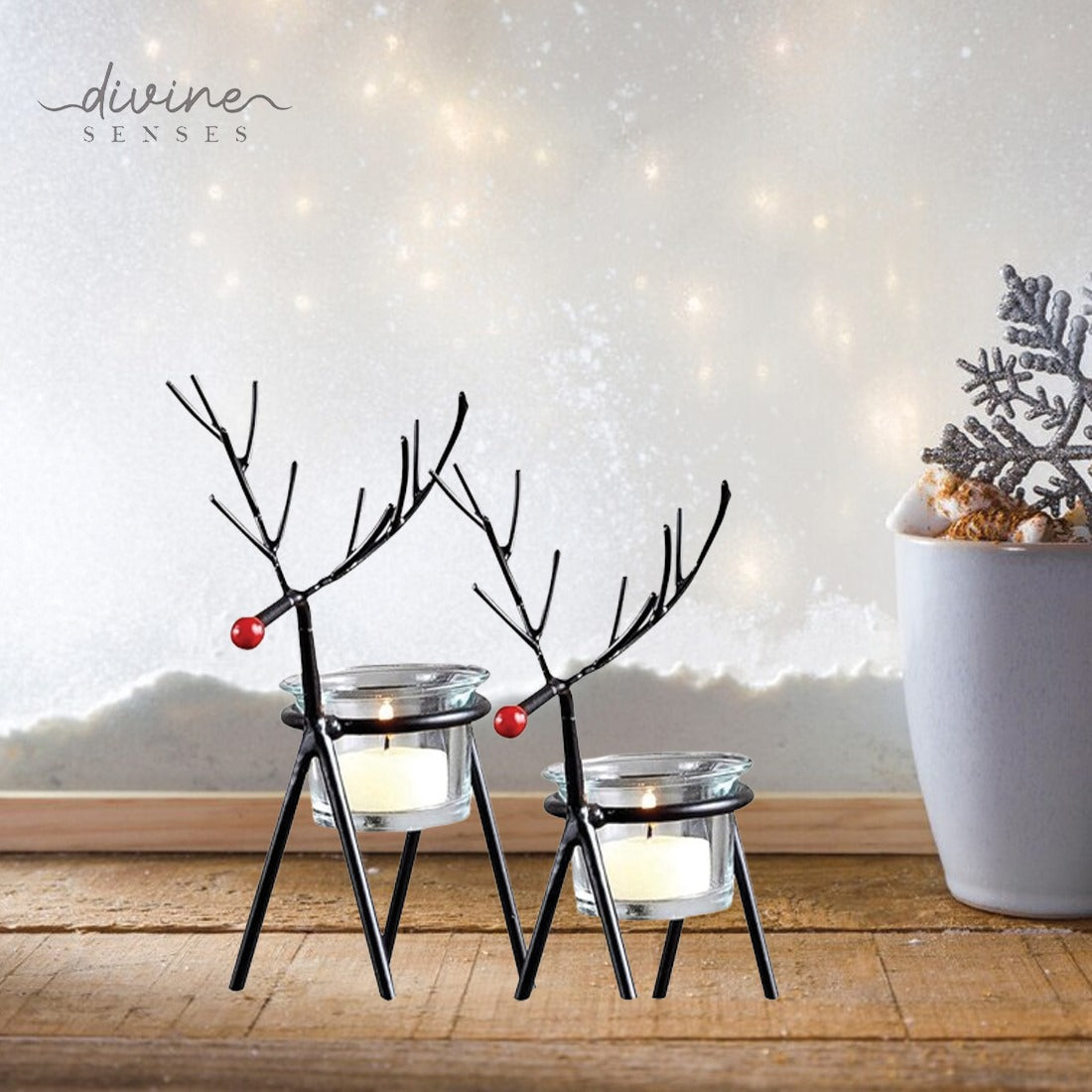 Divine Senses Christmas Reindeer Tealight Holder with Tealights (Pack of 2) - Candle Holders for Diwali, Decor, Christmas, Gift (Iron)