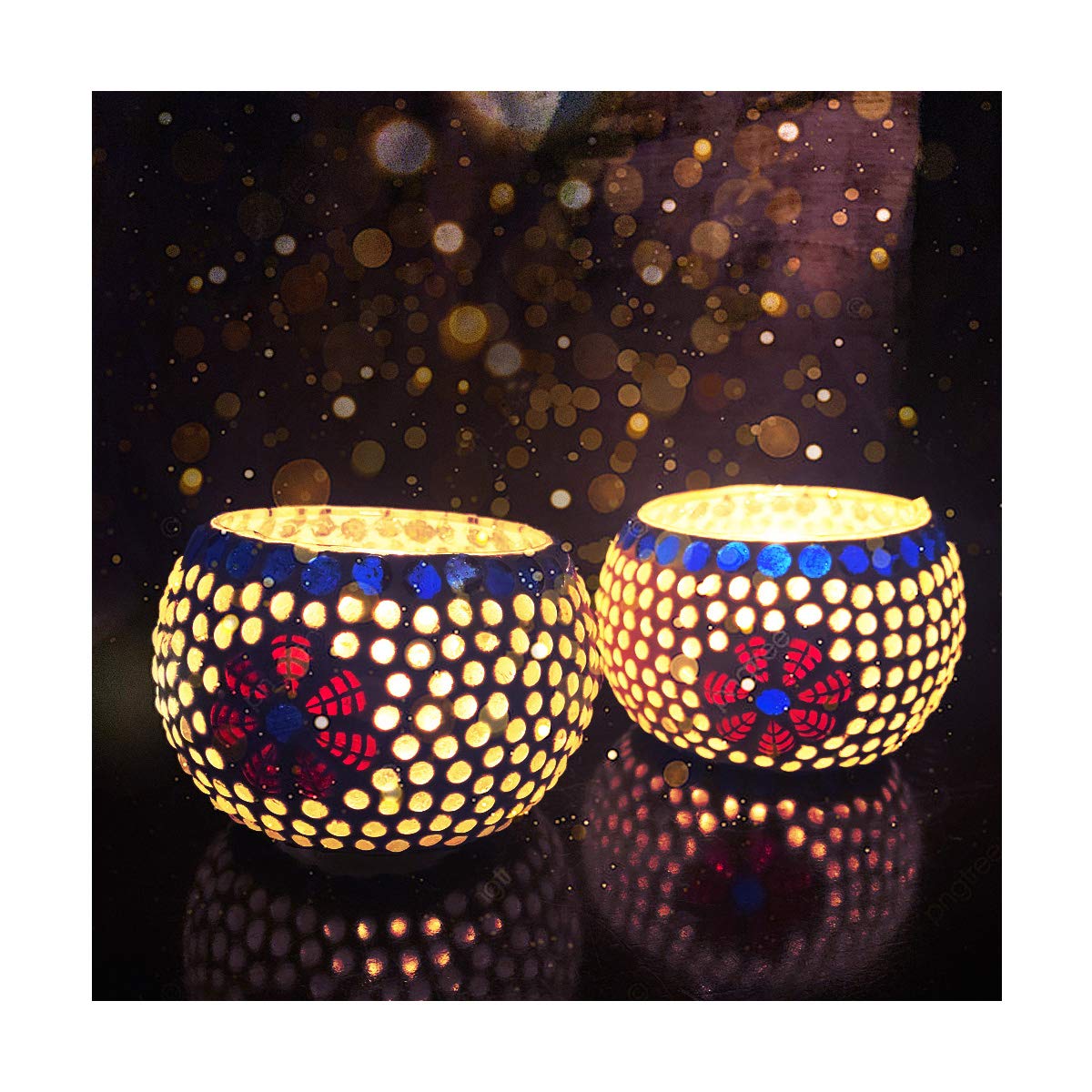 Mosaic Glass Tealight Candle Holder (Pack of 2)Red-Blue Flowers