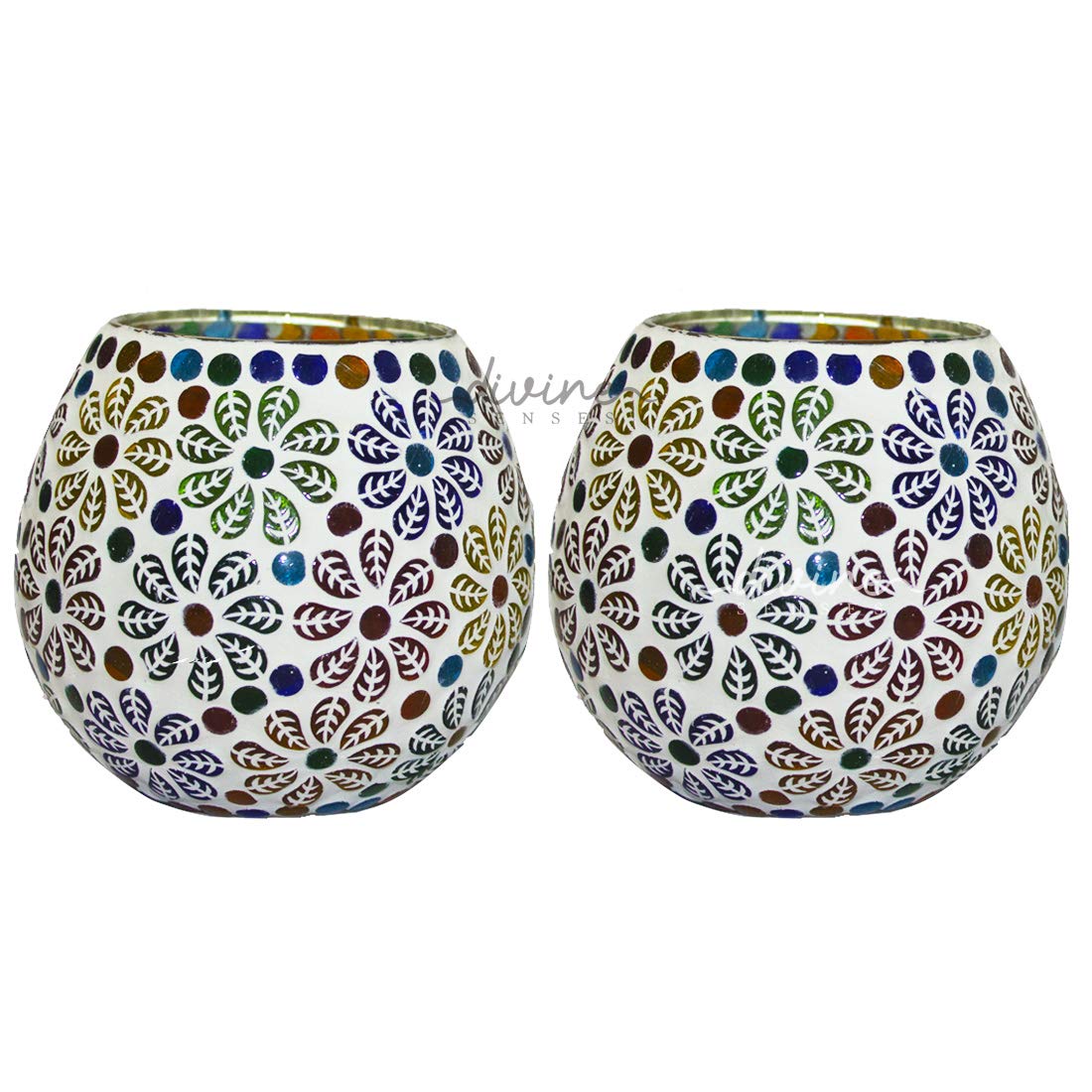 Mosaic Multicolor Flowers Glass Tealight Candle Holder (Pack of 2)