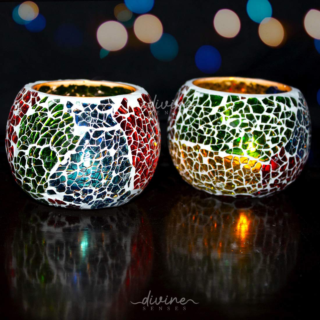 Mosaic Crackle Glass Tealight Candle Holder (Pack of 2)Multicolor
