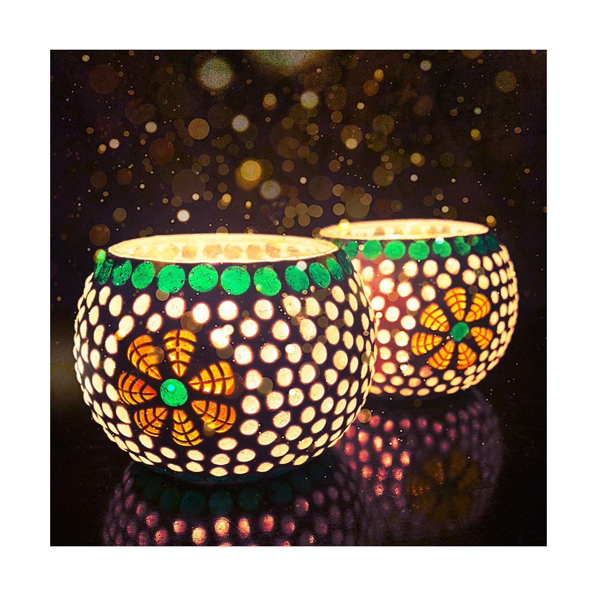 Mosaic Glass Tealight Candle Holder (Pack of 2) Green Flower