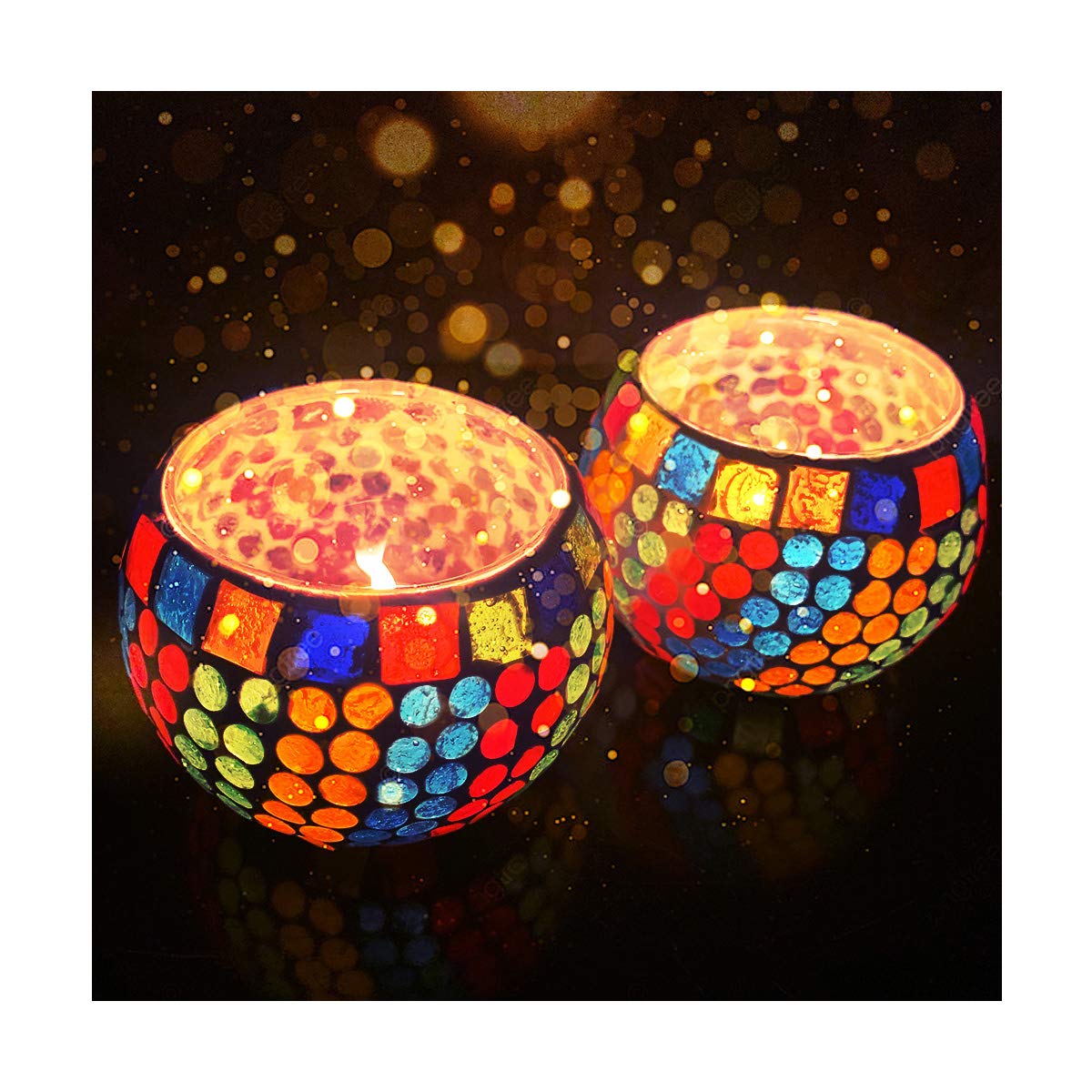 Mosaic Glass Tealight Candle Holder (Pack of 2) Multicolor Circles