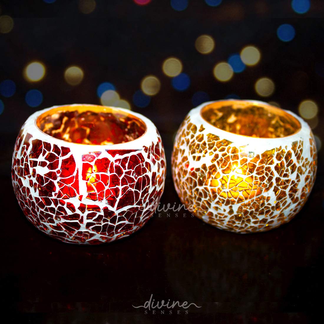Mosaic Crackle Glass Tealight Candle Holder (Pack of 2)Red-Yellow