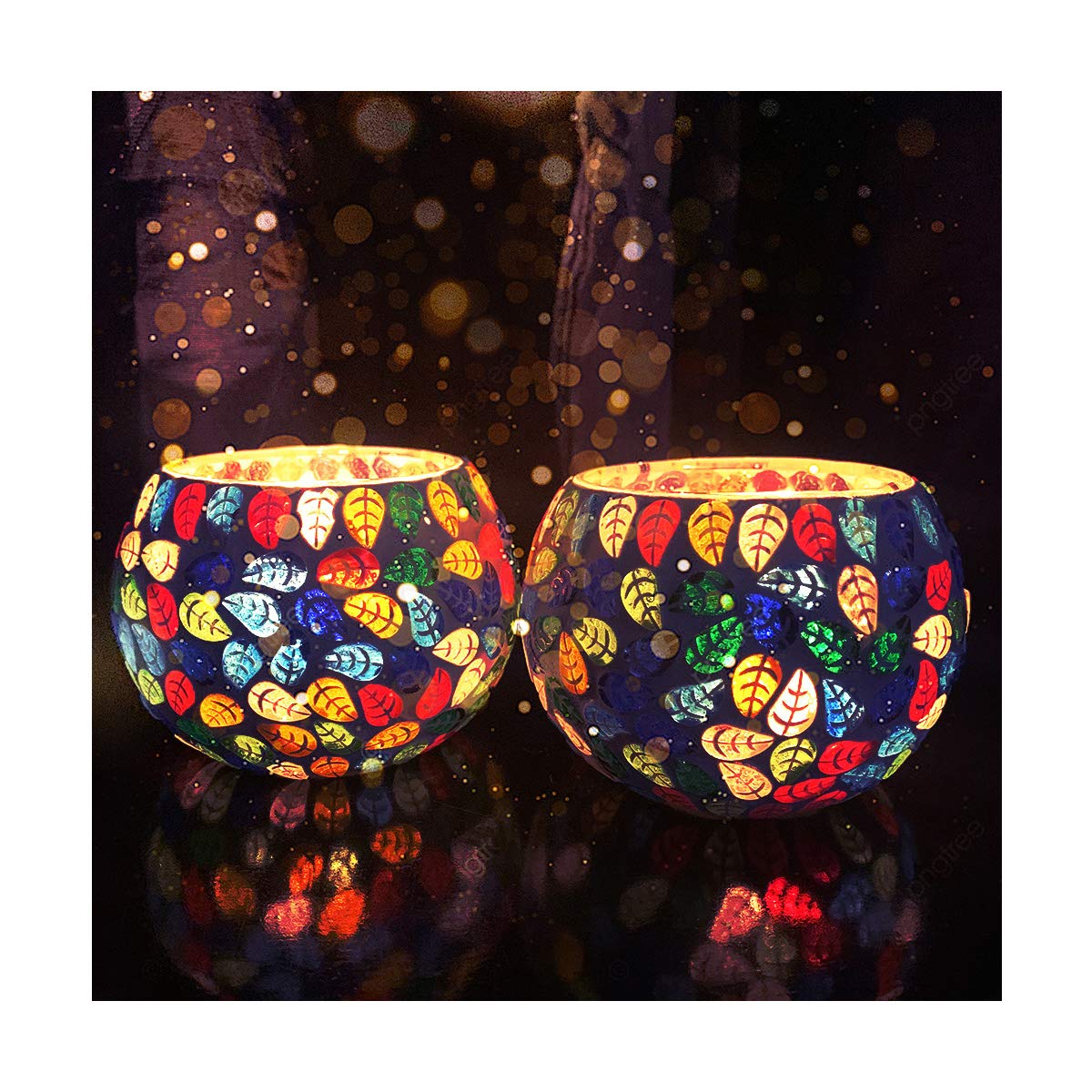 Mosaic Glass Tealight Candle Holder (Pack of 2) Multicolor Leaf