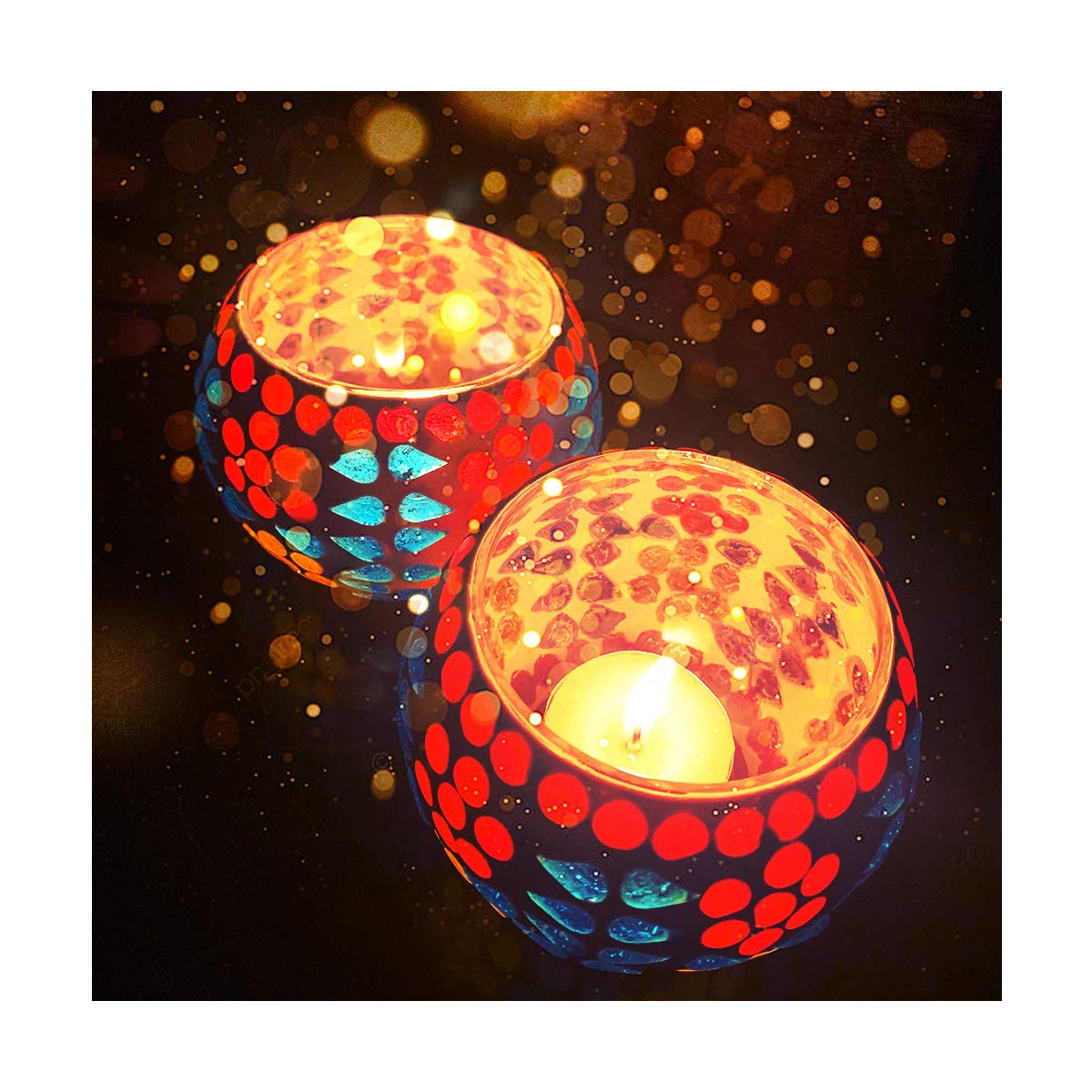Mosaic Glass Tealight Candle Holder (Pack of 2)Designer Red-Blue