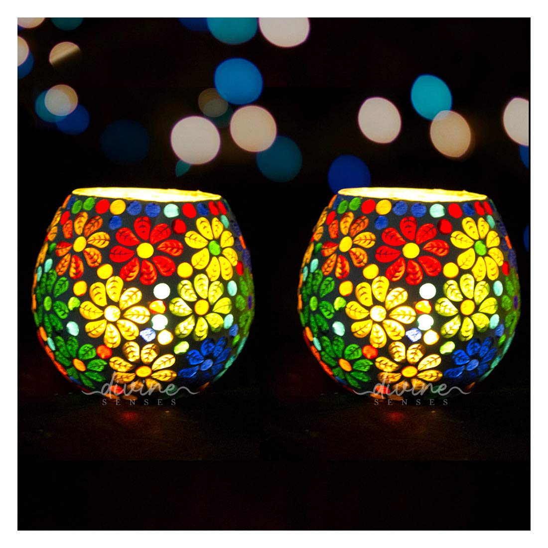 Mosaic Multicolor Flowers Glass Tealight Candle Holder (Pack of 2)