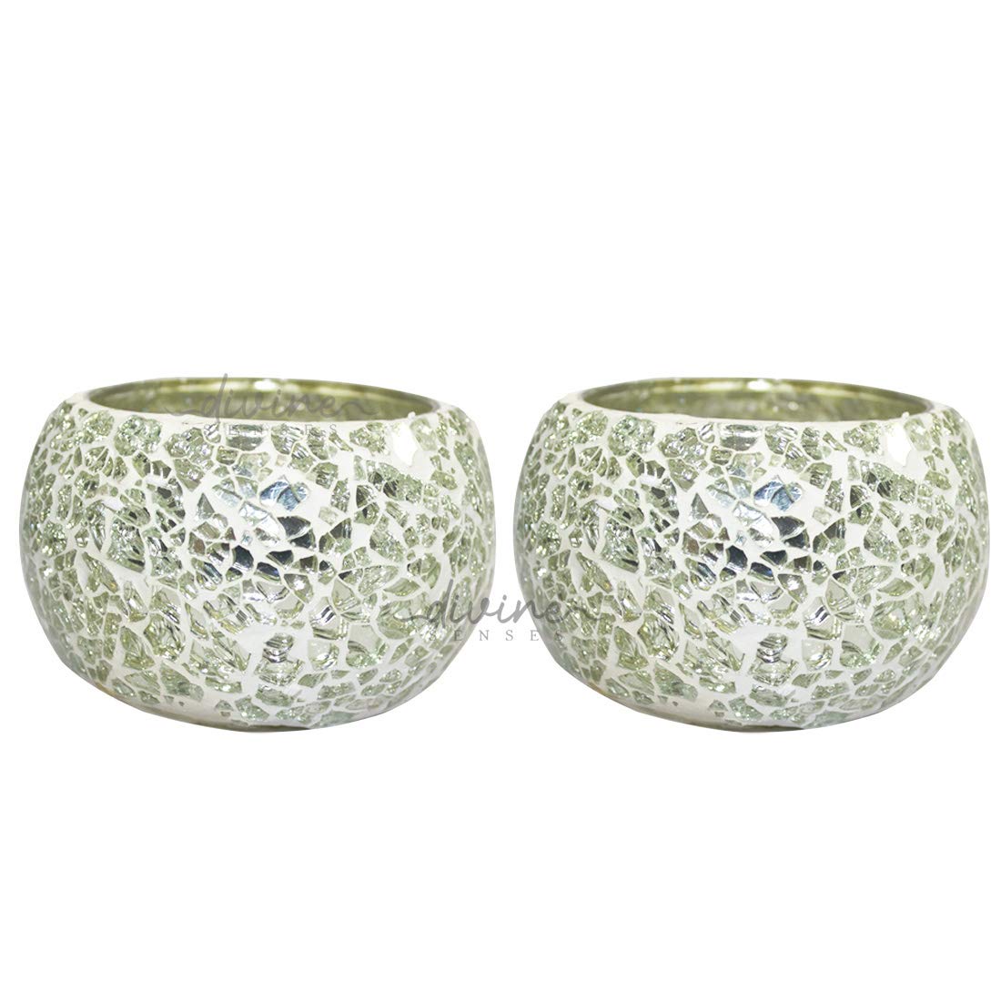 White Mosaic Crackle Tealight Glass Candle Holder (Pack of 2)
