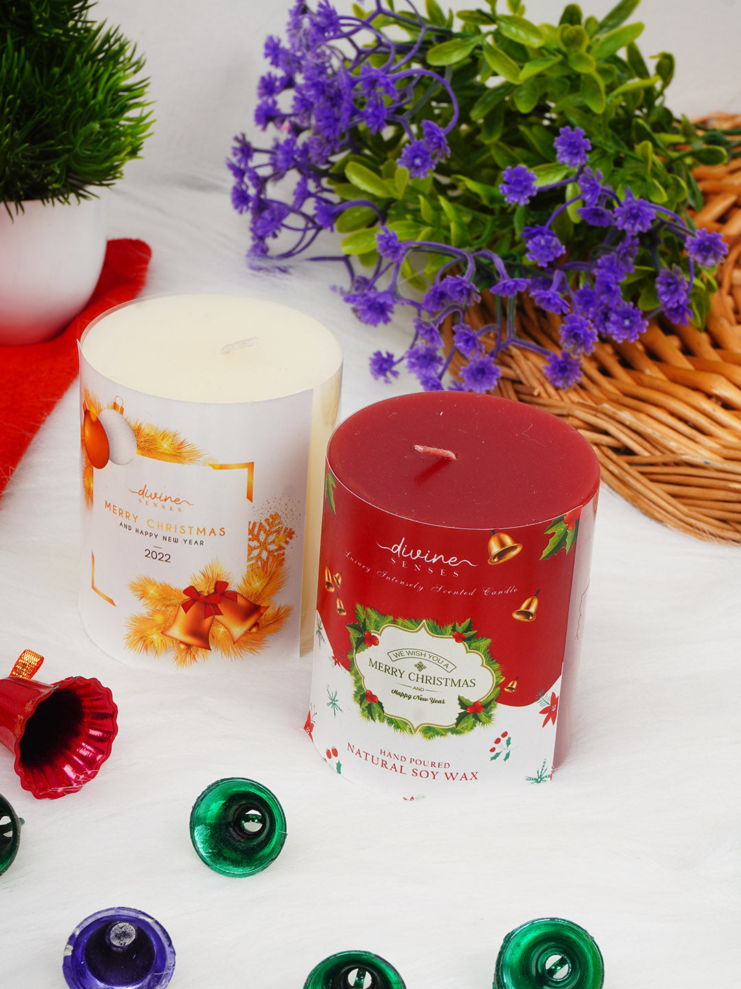 Christmas Home Made Red & White Scented Pillar Candle set of 2