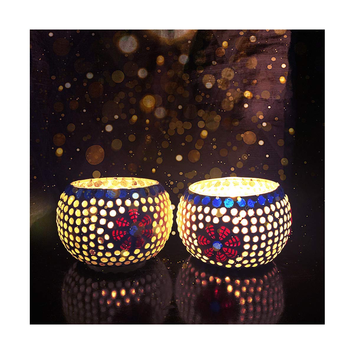 Mosaic Glass Tealight Candle Holder (Pack of 2)Red-Blue Flowers