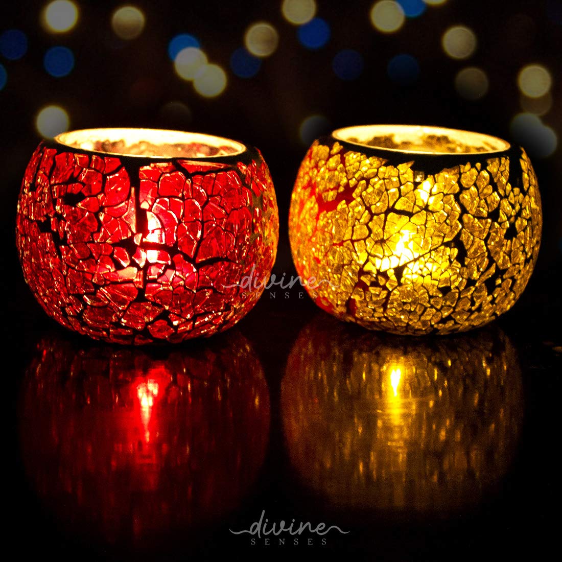 Mosaic Crackle Glass Tealight Candle Holder (Pack of 2)Red-Yellow