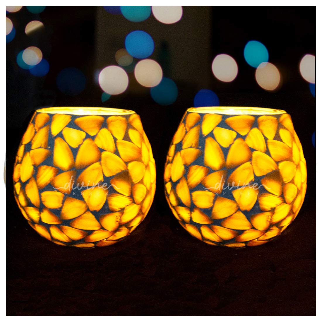 Mosaic Crackle Glass Tealight Candle Holder (Pack of 2)Gold