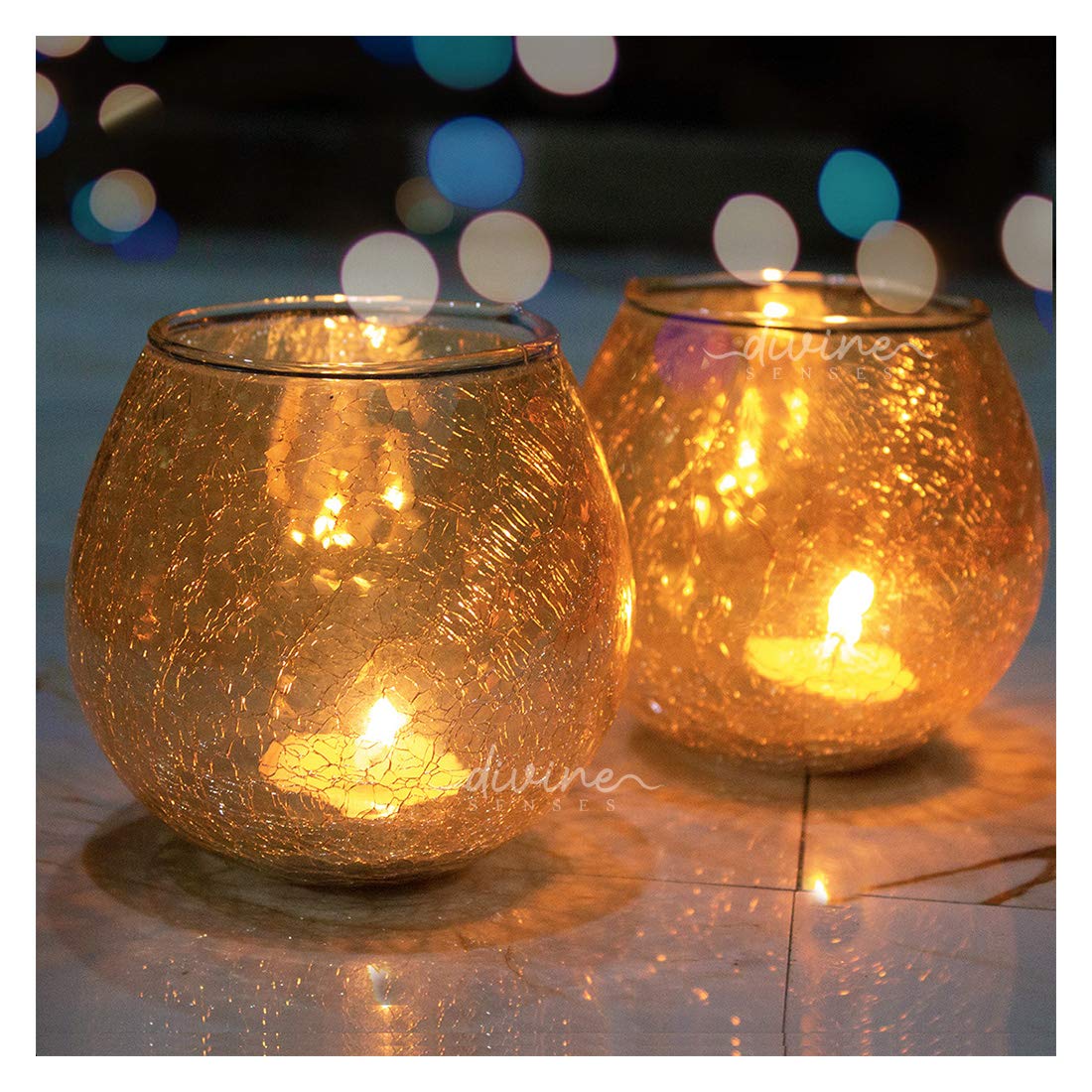 Gold Votive with Full Crackle Base Tealight Candle Holder (Pack of 2)