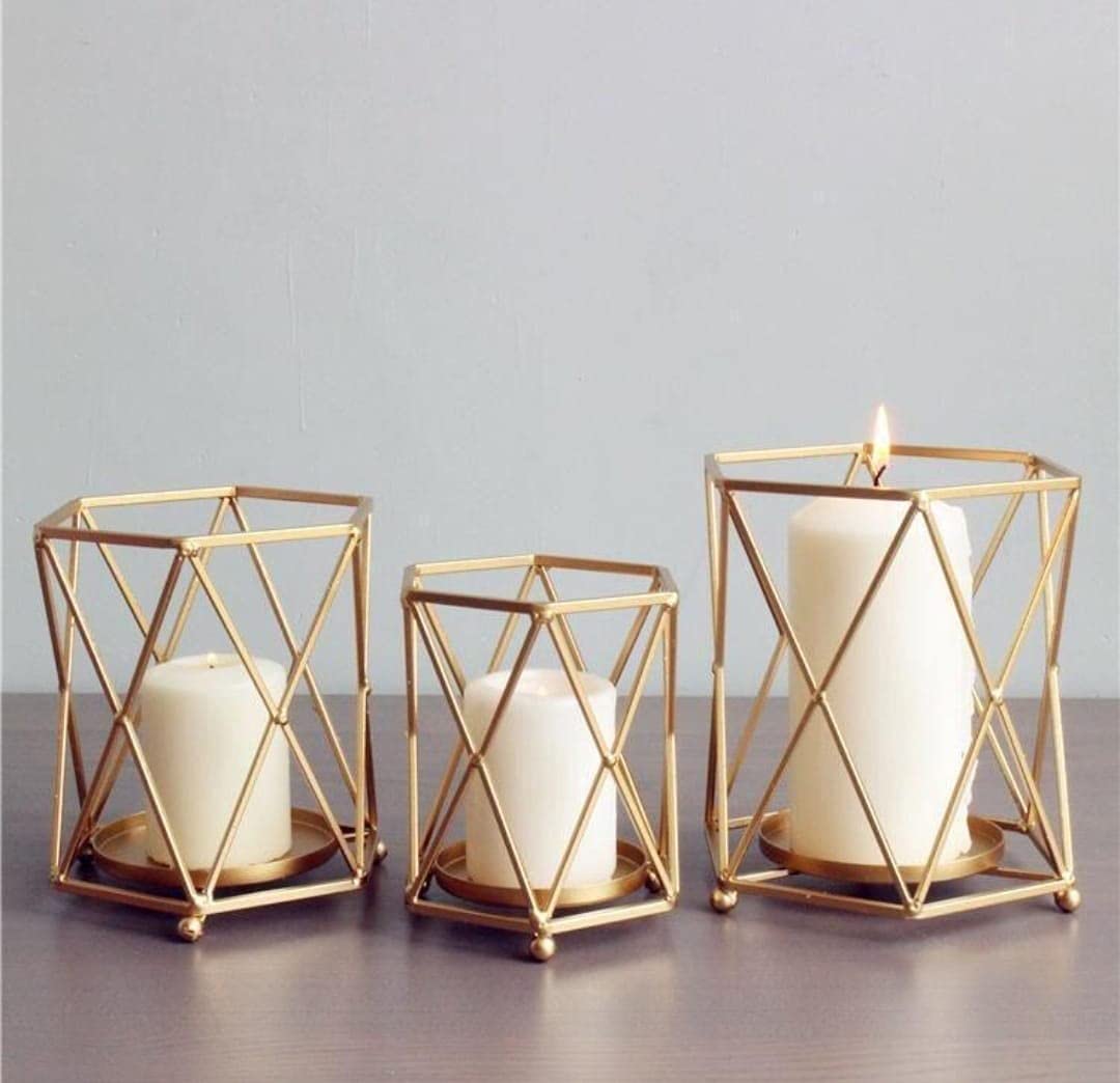 Metallic Golden Pillar Candle Stand (Pack of 3)