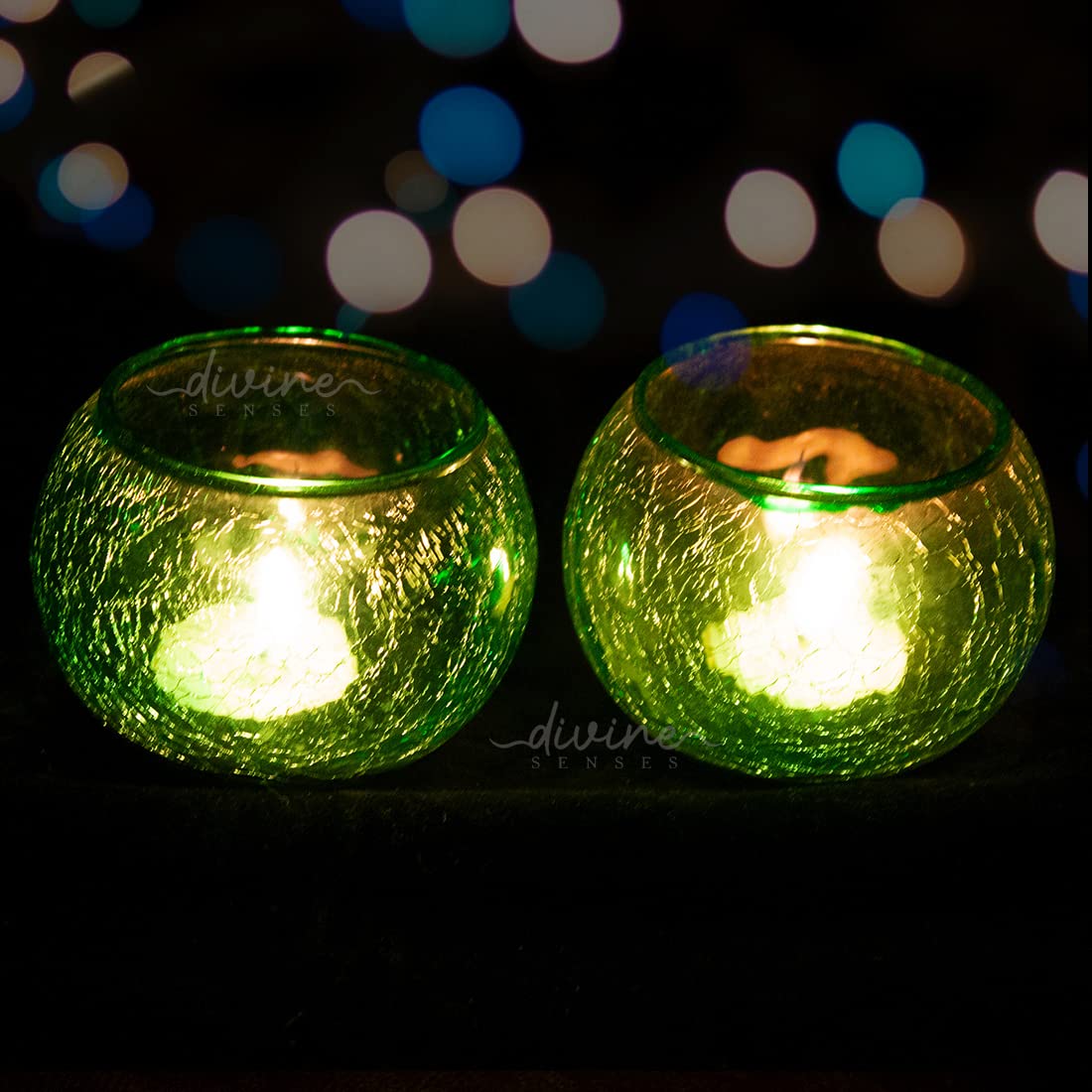 Green Mosaic Crackle Glass Tealight Candle Holder (Pack of 2)